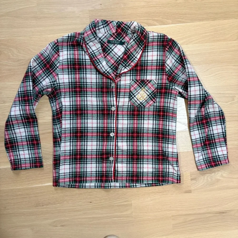 RALPH LAUREN Women’s Plaid Fleece Pajama Set Long Sleeve Green Red White Medium